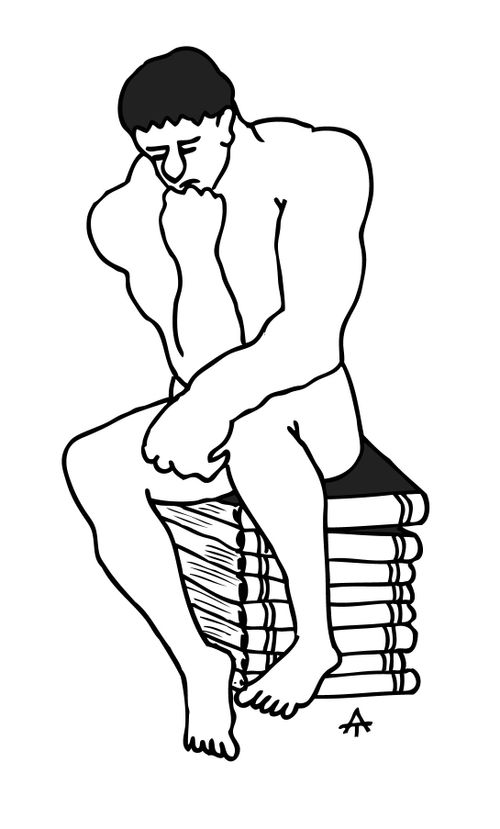 The Thinker sat on a stack of books.