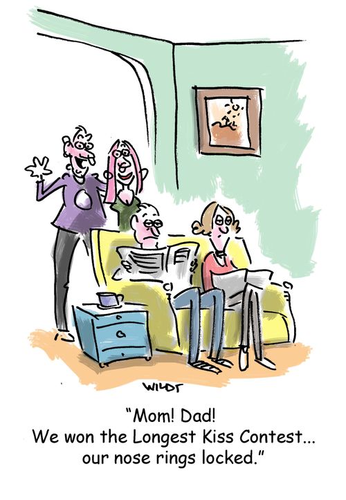 'Mom! Dad! We won the Longest Kiss Contest...out nose rings locked.'