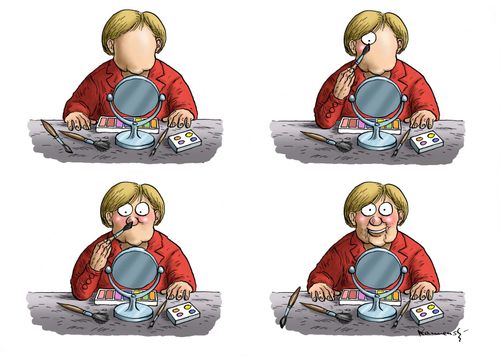 Angela Merkel painting her face.