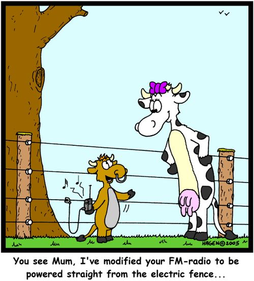 'You see Mum, I've modified your FM-radio to be powered straight from the electric fence...'