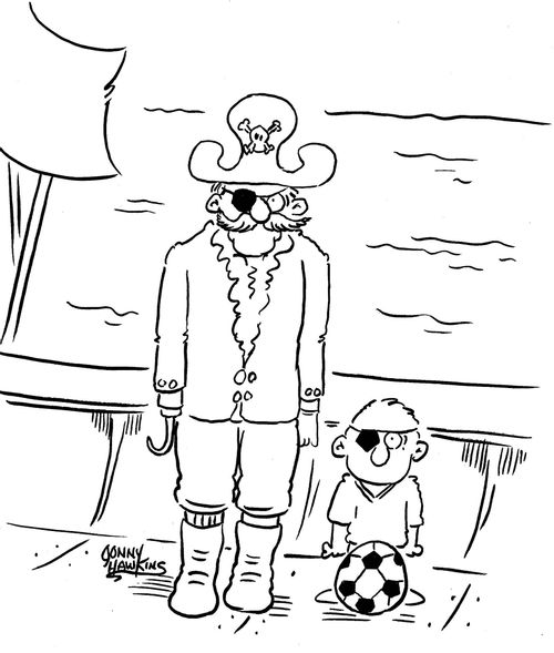 Boy with soccer spot patch on eye next to pirate.