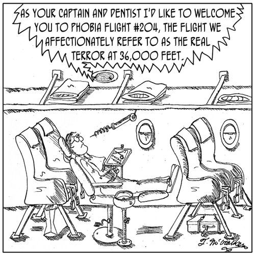 'As your captain and dentist I'd like to welcome you to phobia flight #204, the flight we affectionately refer to as the real terror at 36,000 feet.'