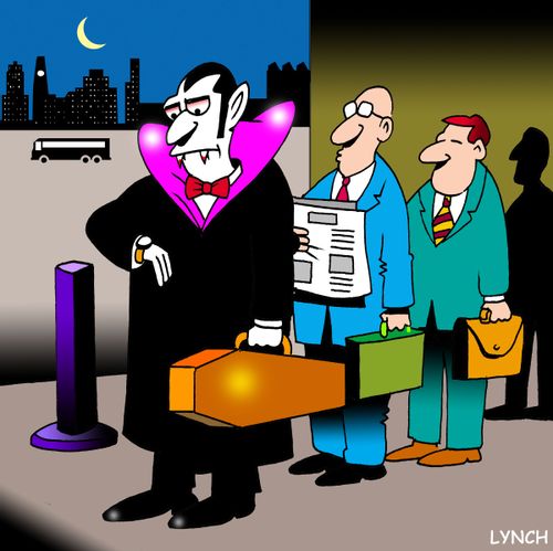 Dracula Waits For the Bus With A Coffin Briefcase.