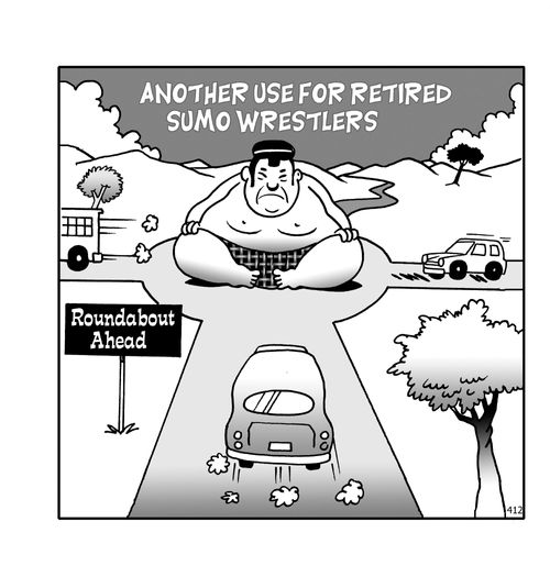 Another use for retired sumo wrestlers: Roundabout ahead.
