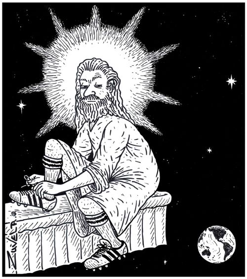 God not too happy with the Humans lacing up his soccer boots about to give the Earth the boot.