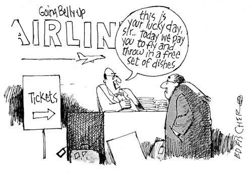 'This is  your lucky day, sir...today we pay you to fly and throw in a free set of dishes.'