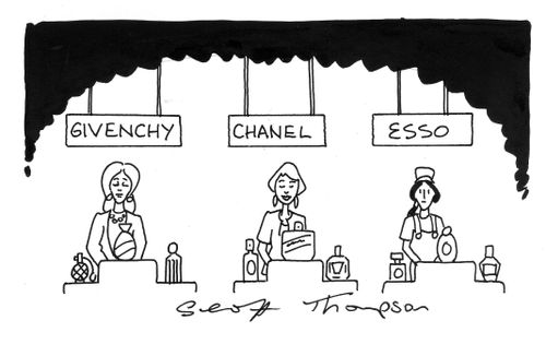 Esso stand at a perfume counter.