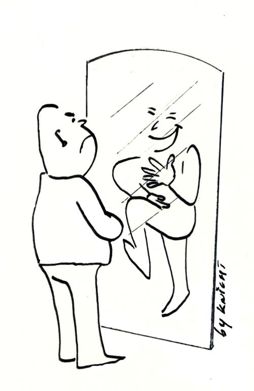 Man's reflection laughing at him.