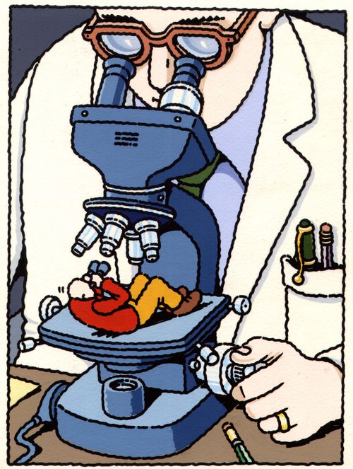 Little man under a microscope with binoculars.