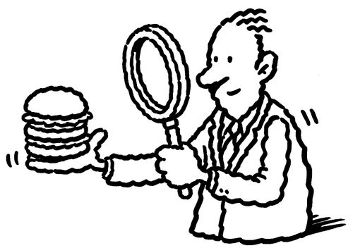 Scrutinising a burger under a magnifying glass.