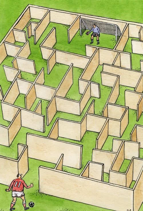 Footballer plays in labyrinth.
