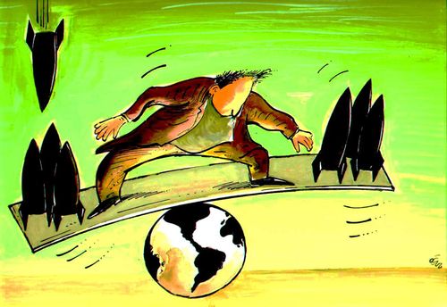 Man on see-saw,balancing weapons over the world.