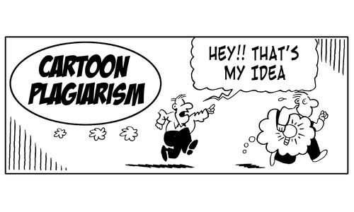 Cartoon Pagiarism: 'Hey! That's my idea!' (man running off with cartoon lightbulb).