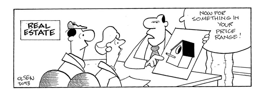 'Now for something in your price range!'. (real estate agent showing birdhouse to couple).