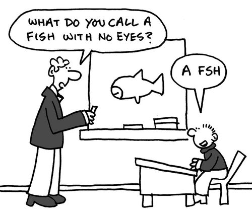 "What do you call a fish with no eyes?"  "A Fsh."