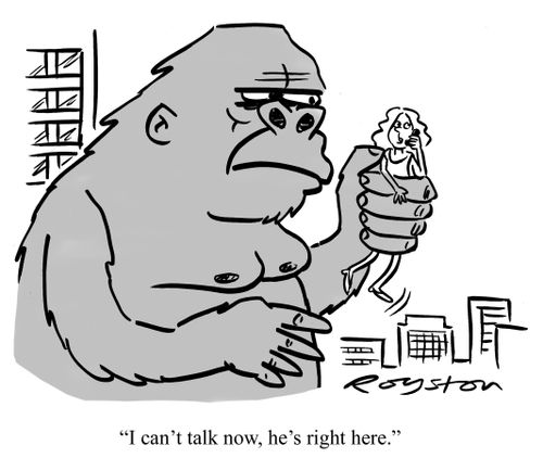 Giant gorilla peers at female victim. She says into cellphone: "I can't talk now, he's right here."