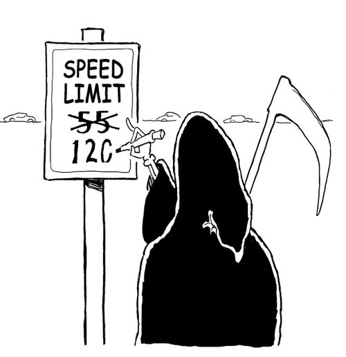 The grim reaper changing the speed limit on sign.