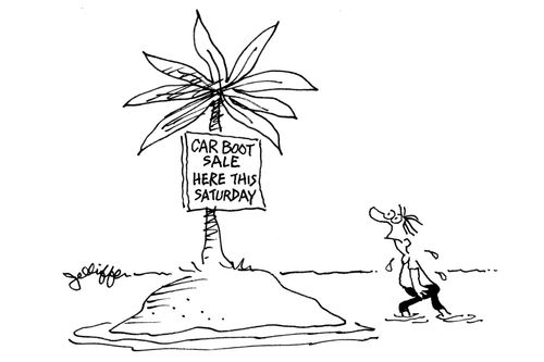 Car boot sale on a desert island