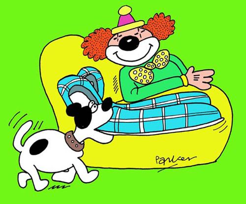 Dog fetching clown shoes (colour version).