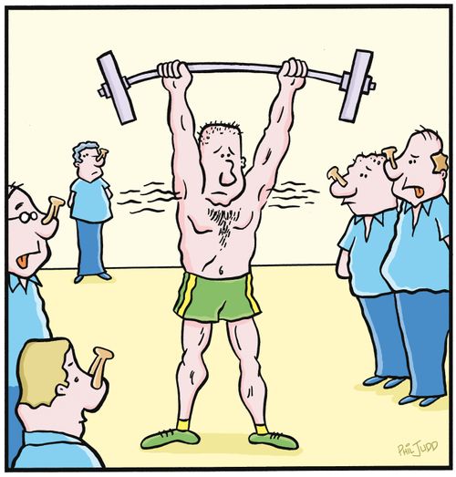 Weight lifter with weights up in the air. All the officials wearing clothes pegs due to the bad body odour problem.