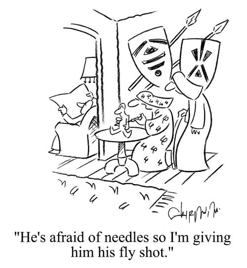 'He's afraid of needles do I'm giving him his fly shot.'