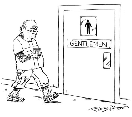 Very rough-looking tattooed thug on his way to the 'Gentlemen'.