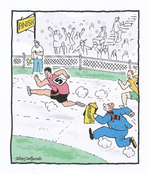 Attorney with subpoena chasing runner.