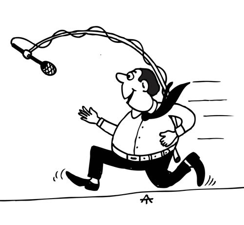 Man chasing microphone.