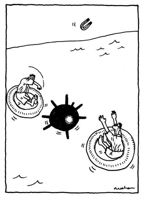 Two survivors throwing a magnet to one another to draw off a mine.