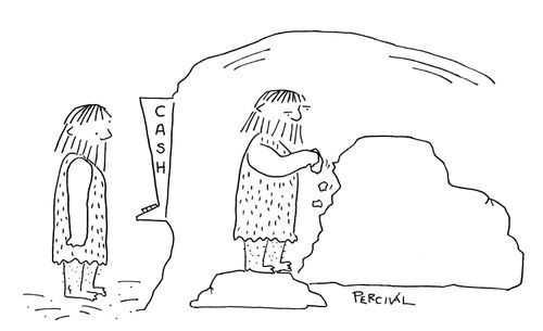 Caveman waits for his money from a cash dispenser as behind the scenes another caveman chips away at a rock.