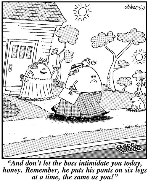 'And don't let the boss intimidate you today, honey. Remember, he puts his pants on six legs at a time, the same as you!'