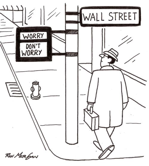 Wall Street walking traffic sign flashes 'Worry' and 'Don't Worry.'