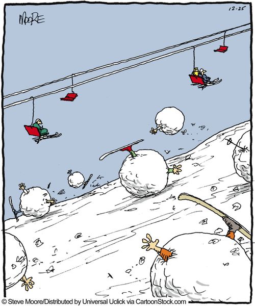Skiers rolling down slope in snow