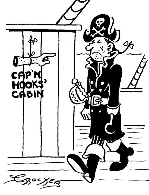 Newly amputated arm points to captain Hooks' cabin. 