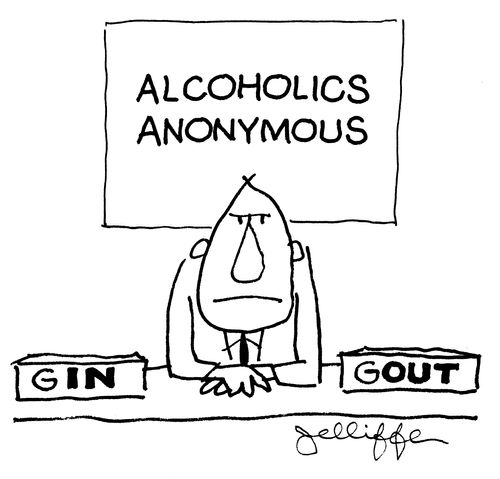 Receptionist at counter of Alcoholics Anonymous Club has a 'Gin' tray and 'Gout' tray.