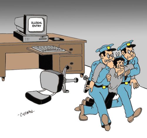 Computer screen registers alert for illegal entry as cops drag the computer operator to jail.