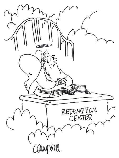 St. Peter sits at desk marked 'Redemption Center'.