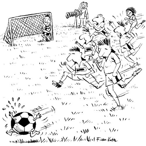 Footballers chasing a ball.