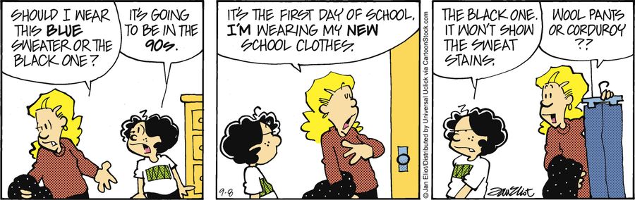 'It's the first day of school. I'm wearing my new school clothes.'