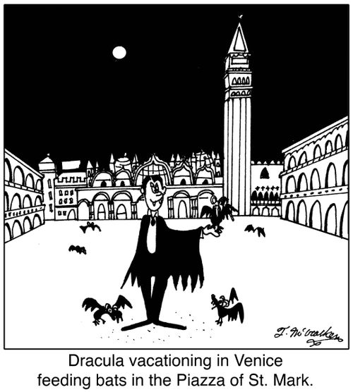 Dracula vacationing in Venice feeding bats in the Piazza of St. Mark.