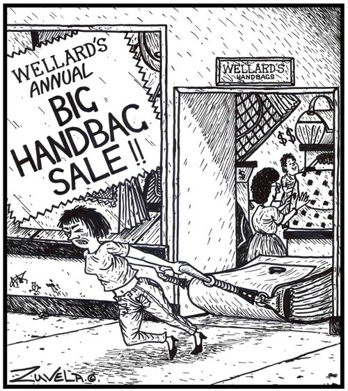 (Visual gag) Wellard's annual BIG HANDBAG SALE!! A woman is dragging a huge bag out from a bag shop