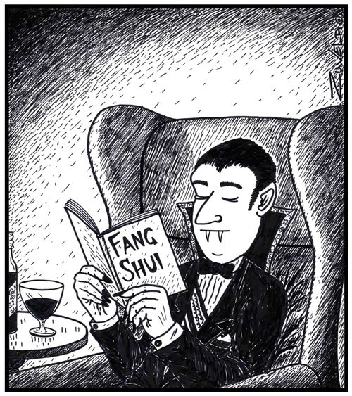 Visual Gag: Dracula reading a Fang Shui book. The Vampires version of 'Feng' Shui 
