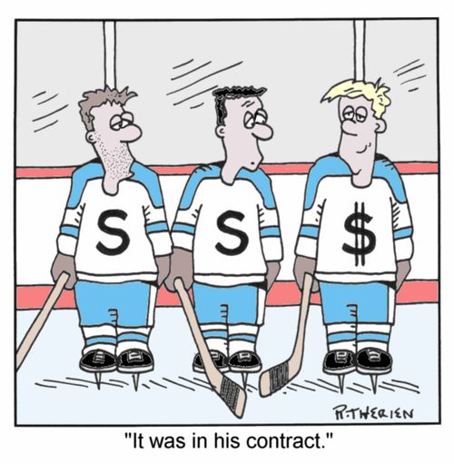Hockey player with dollar sign "It was in his contract." (Colour)
