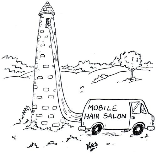 Rapunzel's hair trails into a van : mobile hair salon