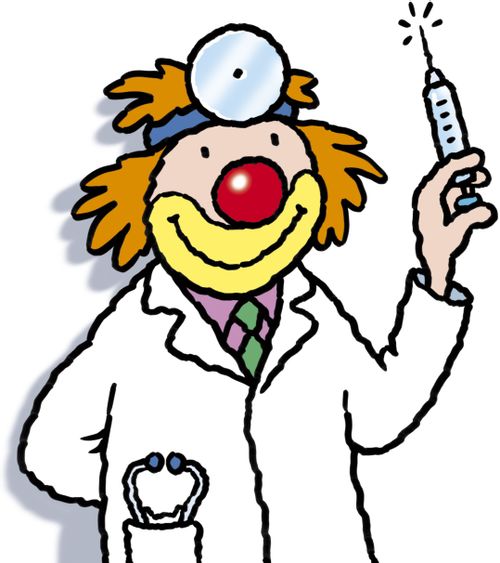 Doctor who is a clown holding a syringe.