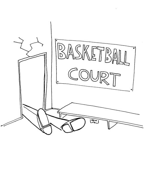 Man knocked out by doorframe leading into a basketball court.