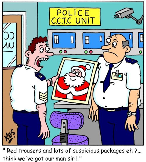 'Red trousers and lots of suspicious packages eh? ... Think we've got our man sir! '