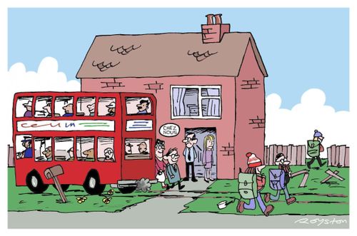 Illustration on the dangers of homebuyers failing to get correct property searches done. Couple look on in dismay as bus and ramblers have right of way over their land.