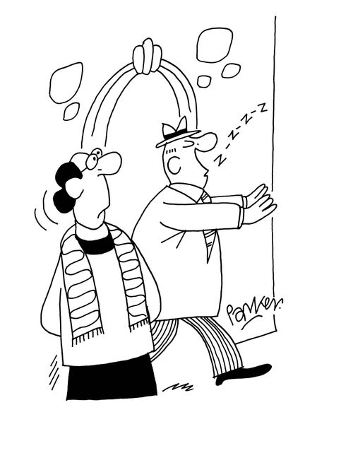 Man pretending to sleepwalk out of a sermon.