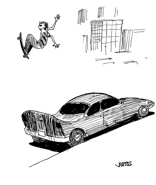 Boy skateboarding off the back of a car shaped like a skateboard ramp.
